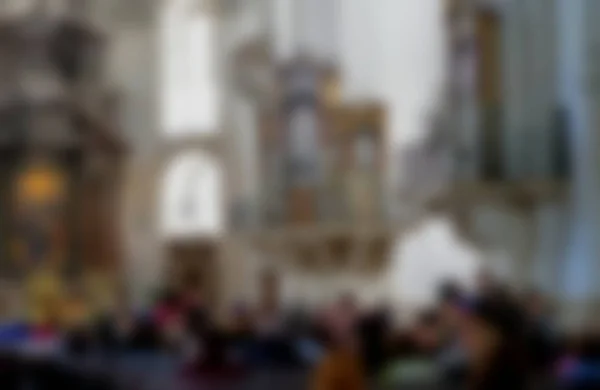 Grupo de turistas en la iglesia católica. Vista borrosa — Foto de Stock