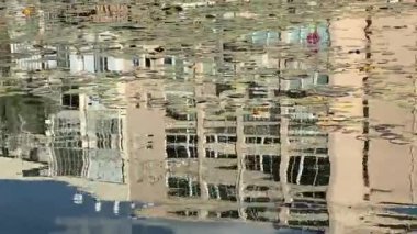 Yapay bir gölette su zambağı yapraklarıyla modern bir binanın yansıması. 4K