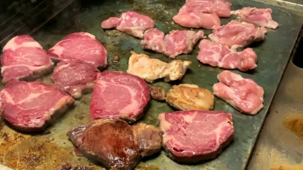 Preparare Una Bistecca Fornello Elettrico Appetitosi Pezzi Carne Manzo Tacchino — Video Stock