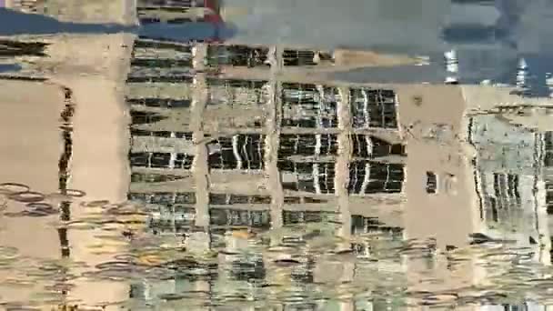 Spiegelbild Eines Modernen Gebäudes Einem Künstlichen Teich Mit Blättern Von — Stockvideo