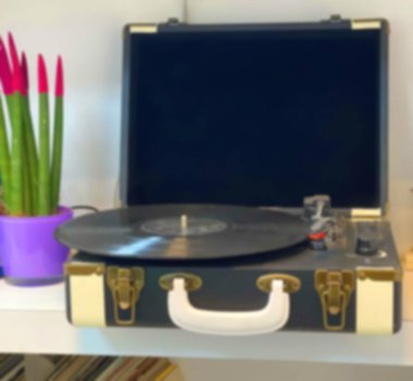 Çiçeklerin arasında cam bir rafta antika plak çalar. Bulanık görünüm