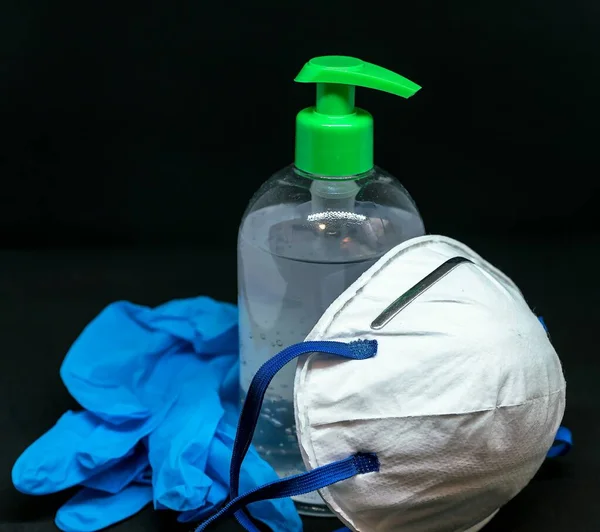 Protective Mask Blue Latex Gloves Transparent White Plastic Botle Antibacterial — Stock Photo, Image