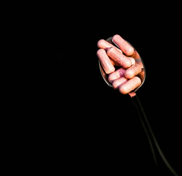 Pills Spoon Black Background Pharmaceutical Concept Blurred View — Stock Photo, Image