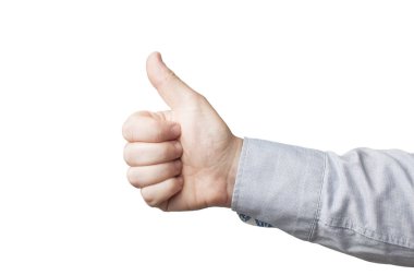 Mavi gömlekli iş adamının yakın çekimi, baş parmağını kaldırıyor, beyaz B.