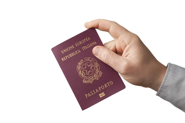 Hand hold an italian passport on white background