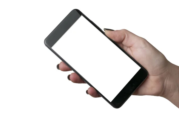Woman with black nails hold a blank screen smartphone, isolated — Stock Photo, Image
