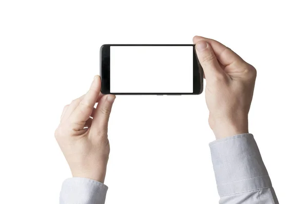 Man hold a blank screen smartphone with two hand to take a pictu — Stock Photo, Image