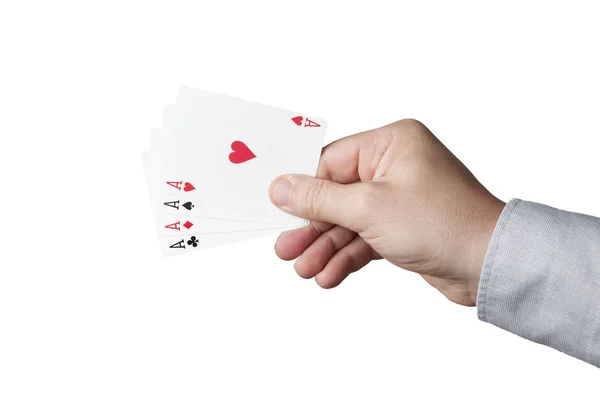 A man's hand hold four aces on white background, image for gambl — Stock Photo, Image