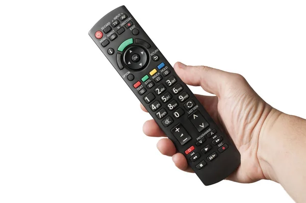 Man's hand hold a TV remote control on white background — Stock Photo, Image