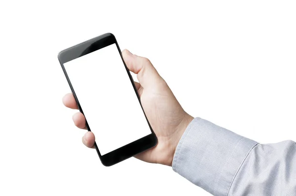 Business man in blue shirt hold blank screen smartphone on white — Stock Photo, Image