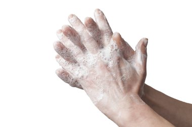 Kadın elini beyaz arka planda izole edilmiş parmak tekniğini kullanarak yıkıyor.