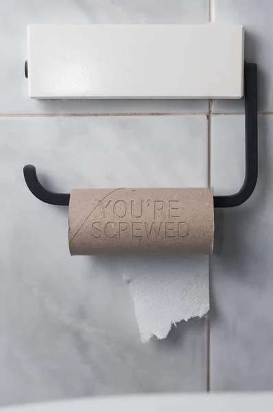 Finished Roll Toilet Paper Inscription You Screwed Tiled Bathroom — Stock Photo, Image