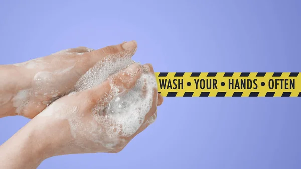 Handtvätt Koncept Kvinna Tvål Händer Och Säkerhetstejp Med Meddelandet Tvätta — Stockfoto