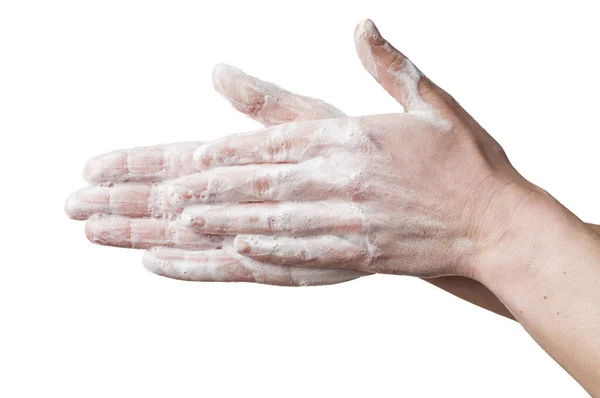 Handwas Concept Vrouw Wassen Haar Handen Met Behulp Van Palm — Stockfoto