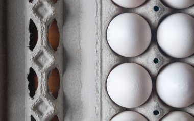 Tek kullanımlık yumurta tepsisindeki beyaz orgnanik yumurtalar ahşap masadaki baskılı kartondan yapılmıştır.