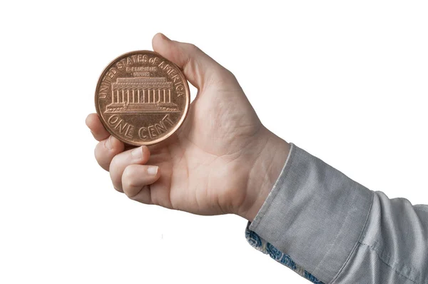 White Man Blue Shirt Hold Big American Penny One Cent — Stock Photo, Image