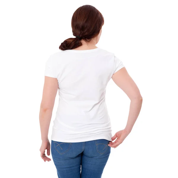 Shirt design and people concept - close up of woman in blank white t-shirt rear isolated. Clean empty mock up template for design. Stock Picture