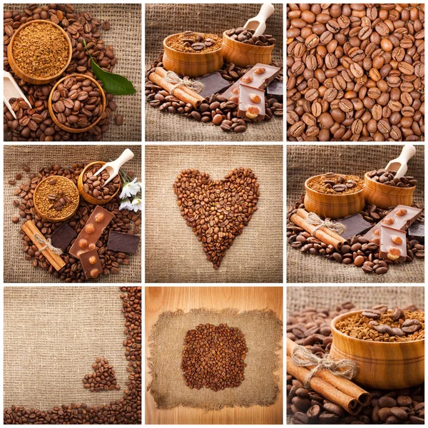 Kolaj kahve ayrıntıları. Çikolata, tarçın, baharat ve kahve çekirdekleri Kupası ve ahşap bir masa üzerinde bir gevşek. Ayarla — Stok fotoğraf