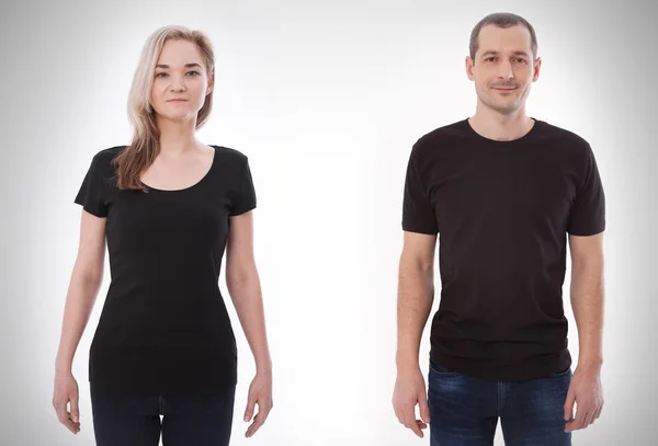 シャツのデザインや人々 のコンセプト - 空白の黒 t シャツ前面および背面分離の若い男女のクローズ アップ。モックアップを作成デザイン印刷用テンプレート — ストック写真