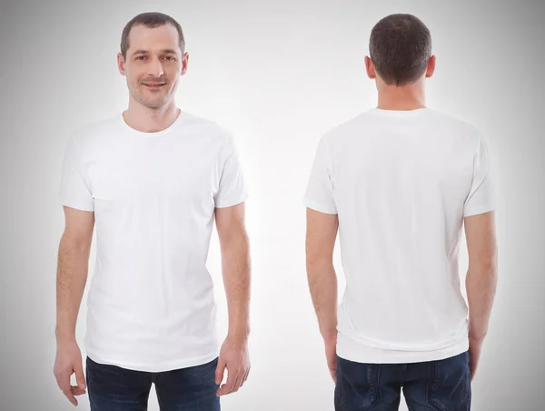 シャツのデザインと人々のコンセプト-黒のTシャツのフロントとリア隔離された若い男のクローズアップ。デザインのためのテンプレートをモックアップ｜print — ストック写真