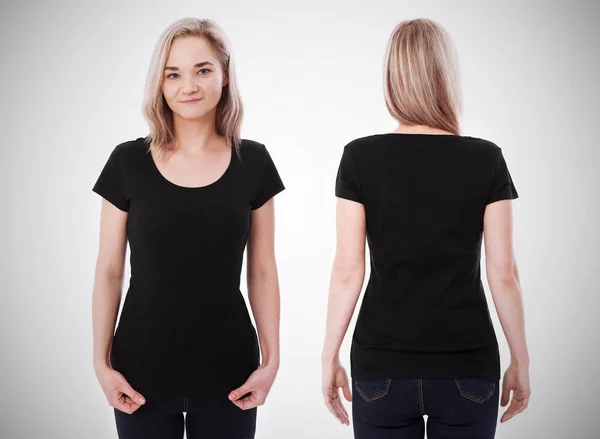 シャツのデザインや人々 のコンセプト - 空白の黒 t シャツ前面および背面分離で若い女性のクローズ アップ。モックアップを作成デザイン印刷用テンプレート — ストック写真