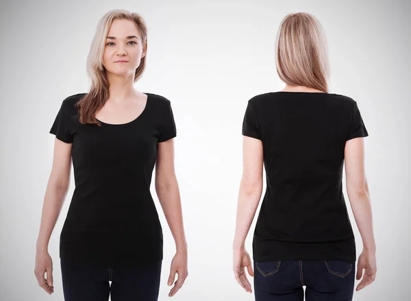 シャツのデザインや人々 のコンセプト - 空白の黒 t シャツ前面および背面分離で若い女性のクローズ アップ。モックアップを作成デザイン印刷用テンプレート — ストック写真