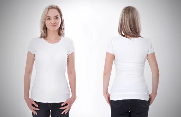 Дизайн рубашки и концепция людей - крупным планом молодая женщина в пустой белой футболке передней и задней изолированы. Шаблон макета для печати дизайна — стоковое фото