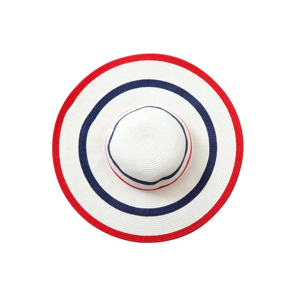Bonito sombrero de paja con cinta y lazo sobre fondo blanco. Sombrero de playa vista superior aislado —  Fotos de Stock