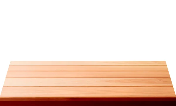 Άδειο ξύλινο καπάκι τραπεζιού απομονωμένο σε λευκό φόντο, που χρησιμοποιείται για εμφάνιση ή μοντάζ των προϊόντων σας — Φωτογραφία Αρχείου