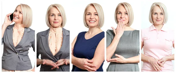 Frau in verschiedenen Situationen. schöne Frau mittleren Alters in fröhlicher Collage. — Stockfoto