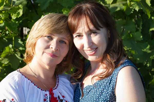 Fröhliche Frauen Die Der Natur Mit Grünem Hintergrund Reden Und — Stockfoto