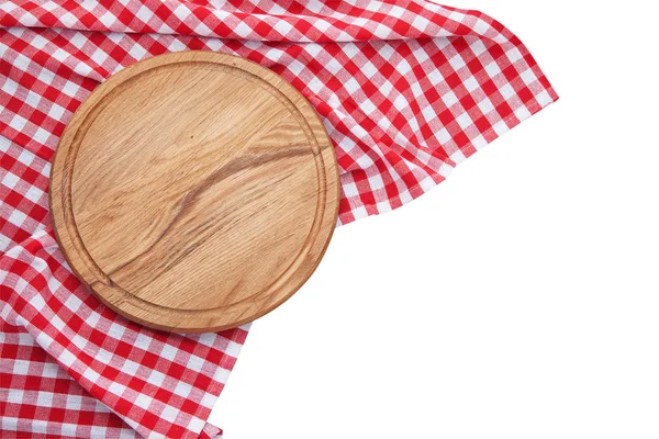 テーブル クロスと分離したピザ用ボード。白い木製テーブル背景トップ ビューをモックにカラフルな皿タオルのスタック — ストック写真