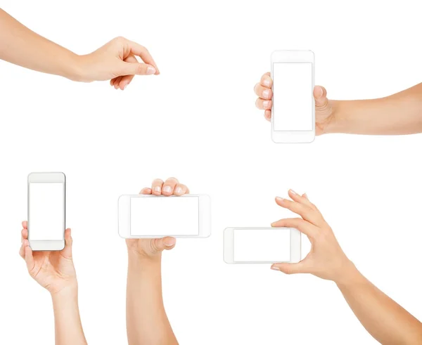 Female hand showing smartphone of white screen, front view, isolated. — Stock Photo, Image