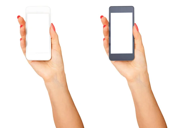 Ręka Wyświetlono smartphone biały ekran, widok z przodu, na białym tle. — Zdjęcie stockowe