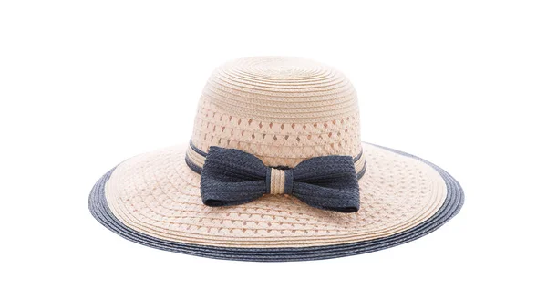 Bonito chapéu de palha com fita azul isolada no fundo branco, chapéu de palha marrom no branco . — Fotografia de Stock