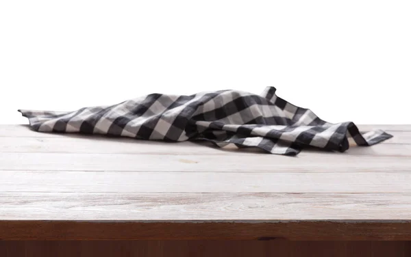 Guardanapo. Toalha de cozinha ou toalha de mesa em cena de madeira branca. Preparem-se para o design. Vista superior. — Fotografia de Stock