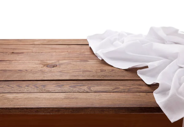 Toalla de cocina sobre mesa de madera vacía. Servilleta cerca de la vista superior de la maqueta para el diseño. Fondo rústico cocina. — Foto de Stock