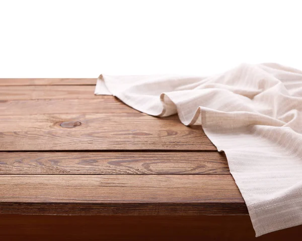 Tomma träbord med bordsduk. Servetter närbild överdel mocka upp. Kök rustik bakgrund. — Stockfoto