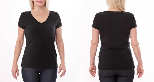 T-shirt design and people concept - close up of woman in blank black t-shirt, shirt front and rear isolated. Mock up. — 스톡 사진