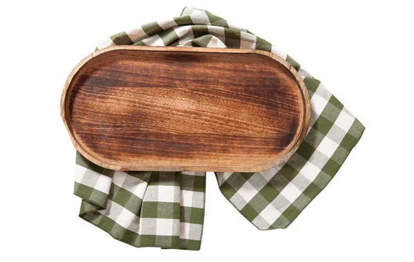 Wooden plate or tray, or pizza board, with tablecloth isolated. Top view mockup — Stockfoto
