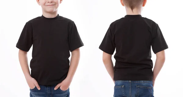 Shirt design and people concept - close up of young man in blank black tshirt front and rear isolated. Mock up template for design print — Stock Photo, Image