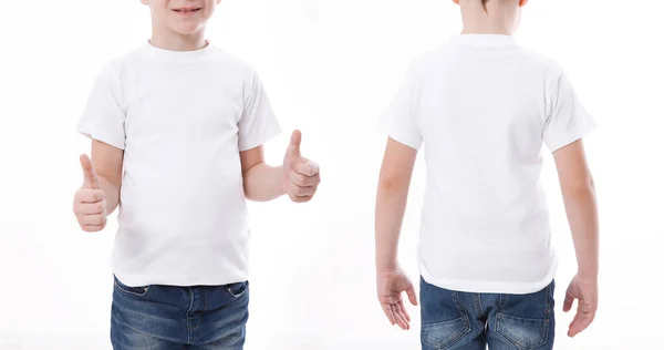 Camisa design e conceito de pessoas - close-up de jovem em branco tshirt preta frente e traseira isolada. Modelo Mock up para impressão de design — Fotografia de Stock