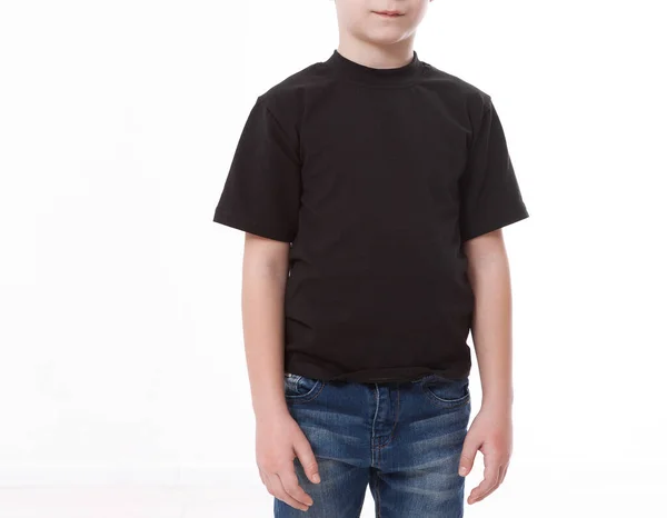 T-shirt design and people concept close up of young man in blank black t-shirt, shirt front and rear isolated. — Stock Photo, Image