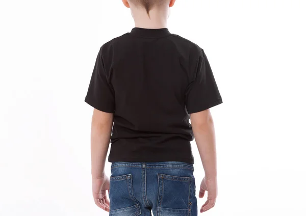 T-shirt design and people concept close up of young man in blank black t-shirt, shirt front and rear isolated. — Stock Photo, Image