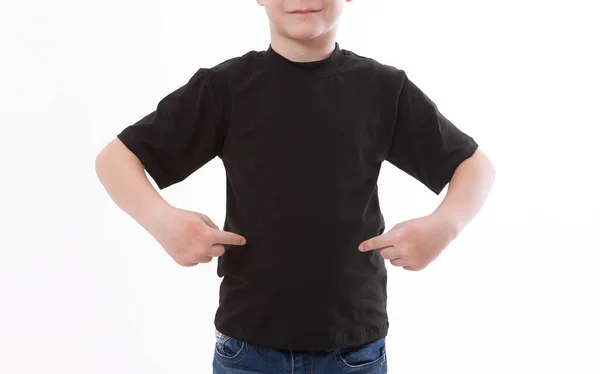 T-shirt design and people concept close up of young man in blank black t-shirt, shirt front and rear isolated. — Stock Photo, Image