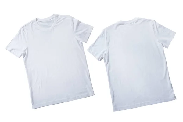 Tシャツのデザインのファッションコンセプトは、白いTシャツで男と男の子の閉鎖、シャツのフロントエンドのリア隔離された。モックアップ. — ストック写真