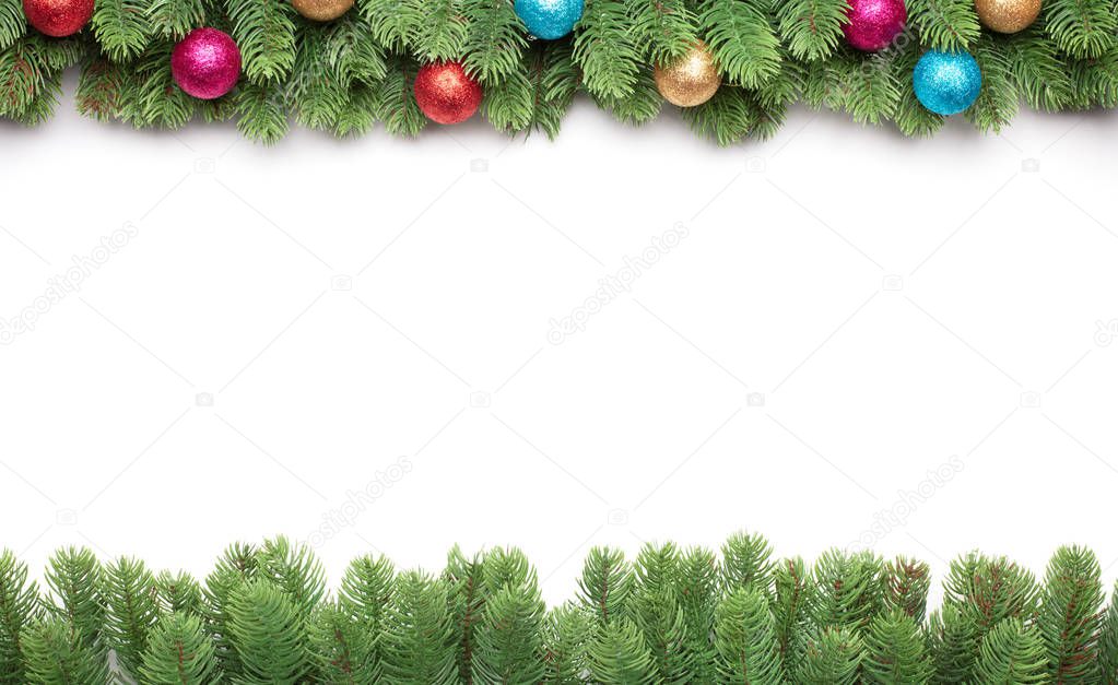 christmas fir tree with balls as background with frame