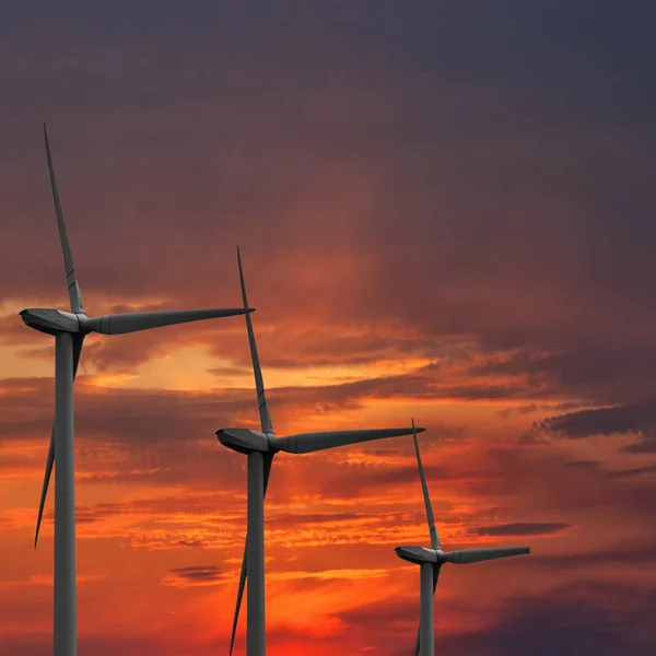 Silhouet van windturbines op rode susnet — Stockfoto