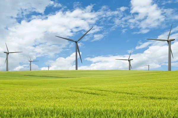 Zeven windmolens op een groene weide onder de blauwe hemel met witte wolken — Stockfoto