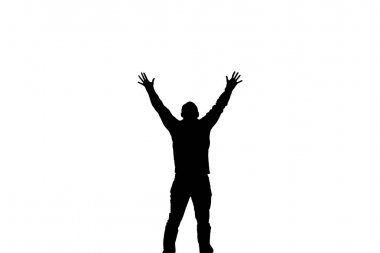 Mutlu adam. Ellerini yukarı kaldırarak, beyaz arka plan üzerinde izole bir adam silüeti. İş dünyasında başarı kavramı.